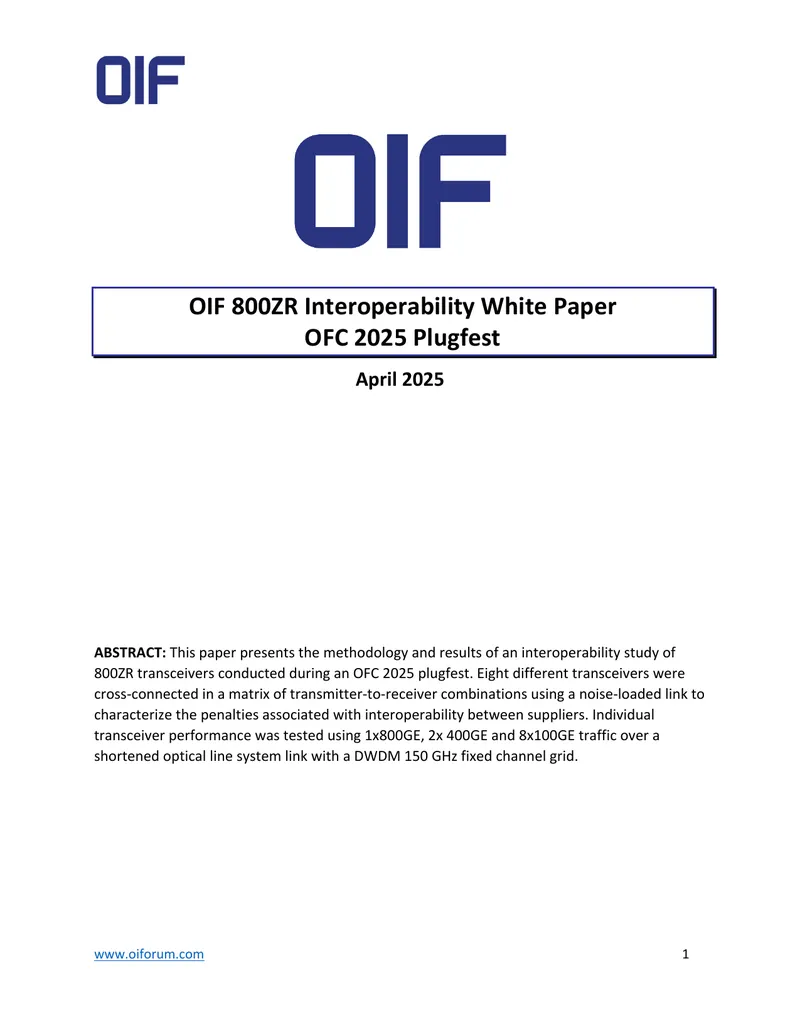 OIF 800ZR Interoperability Study White Paper