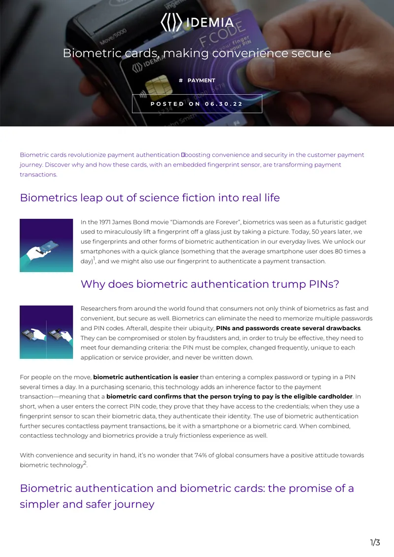 Biometric Payment Cards and Authentication Technology