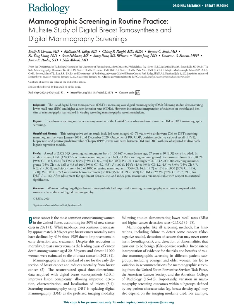 Mammographic Screening Outcomes with Digital Breast Tomosynthesis