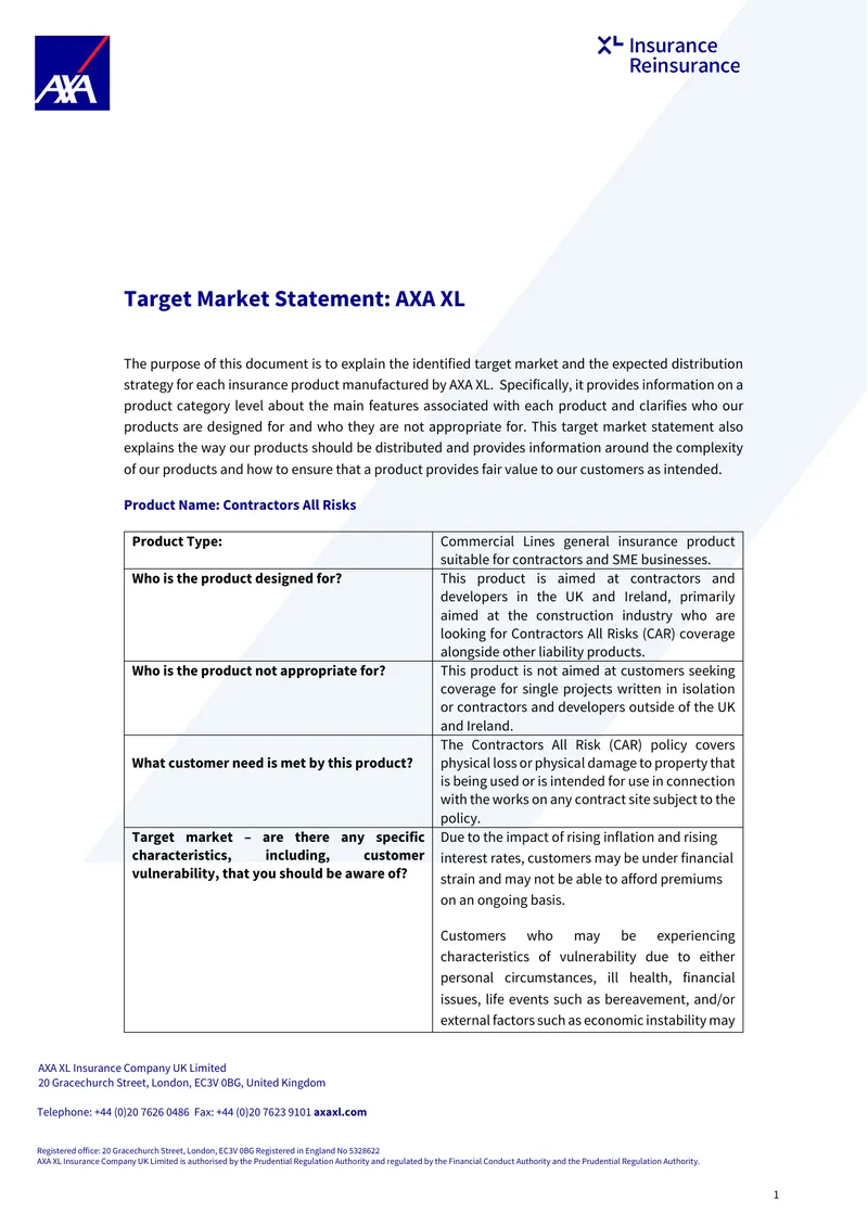 Target Market Statement for AXA XL Insurance Products