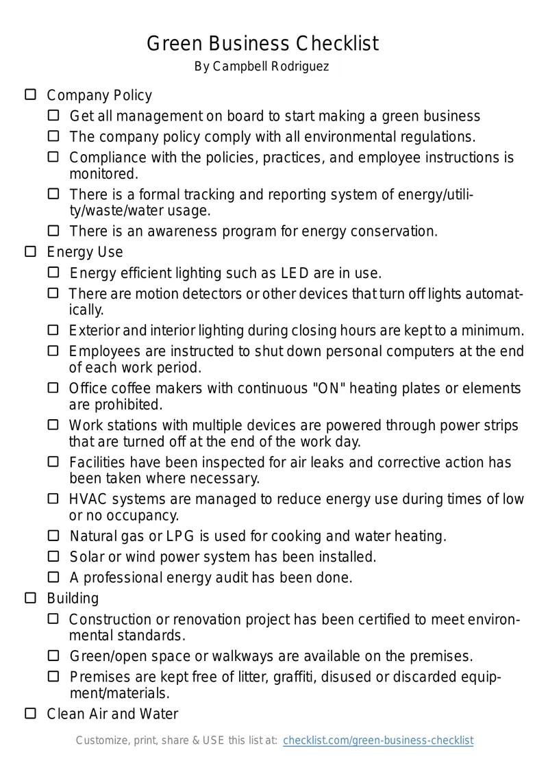 Green Business Checklist for Environmental Compliance