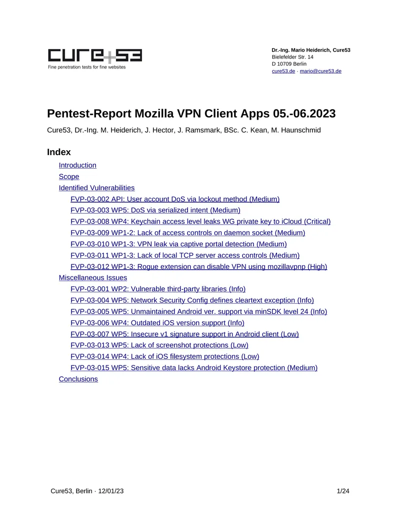 Pentest Report for Mozilla VPN Client Applications