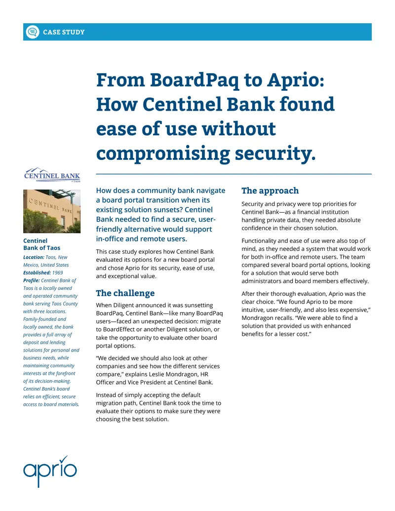 Centinel Bank Board Portal Transition Case Study