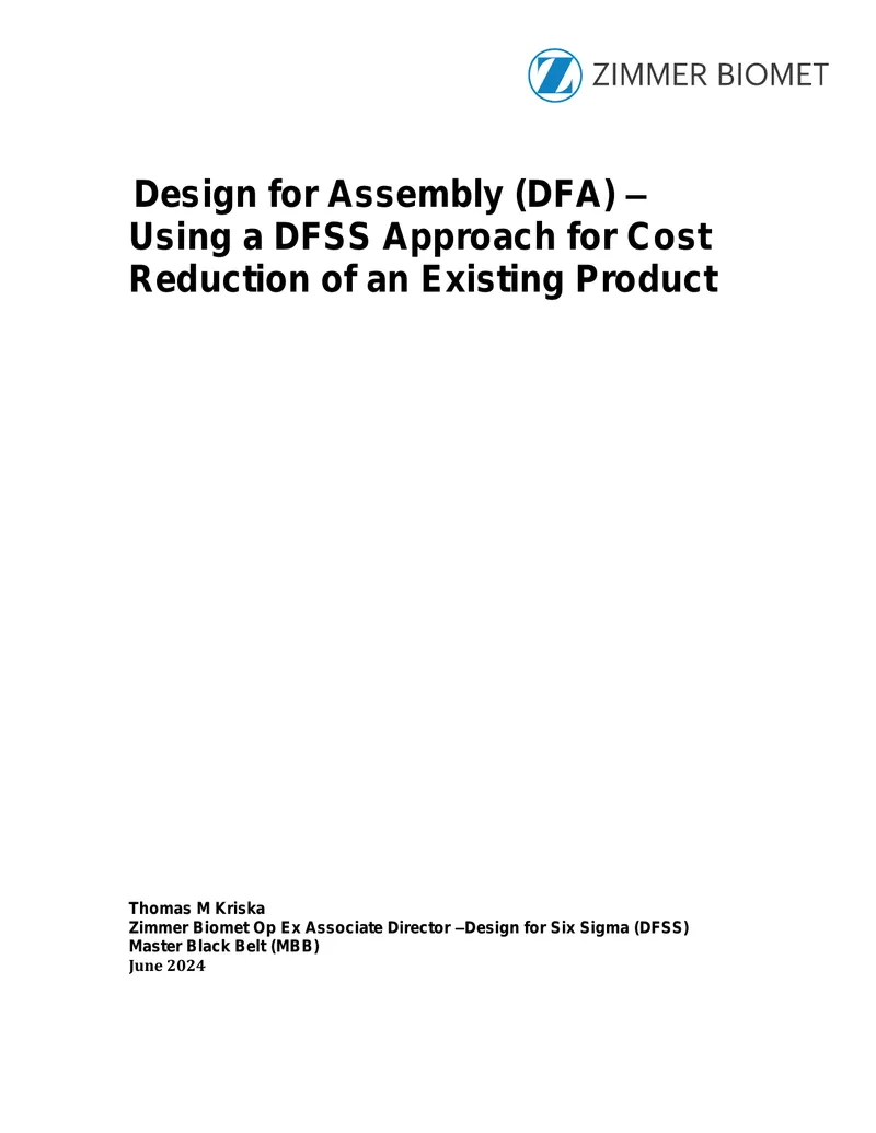Design for Assembly Using DFSS for Cost Reduction