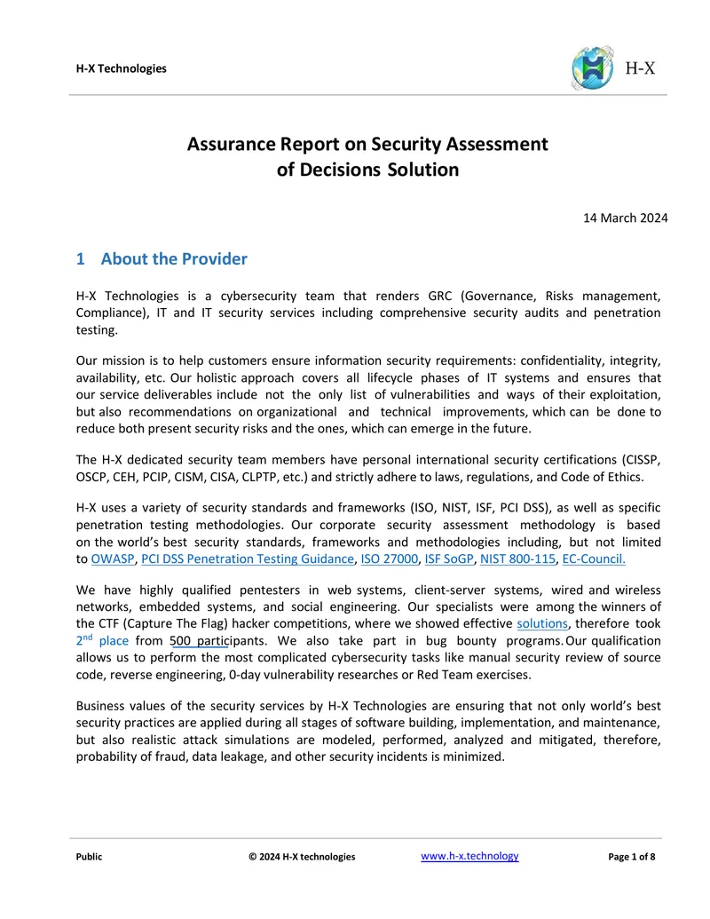 Assurance Report on Security Assessment of Decisions Solution