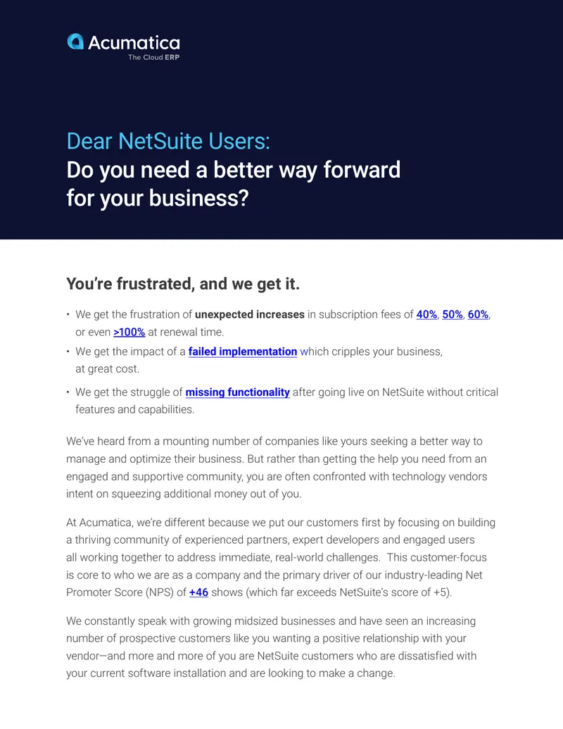 Acumatica ERP Solutions for NetSuite Users preview page 1
