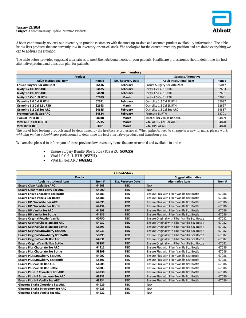 Abbott Inventory Update for Nutrition Products