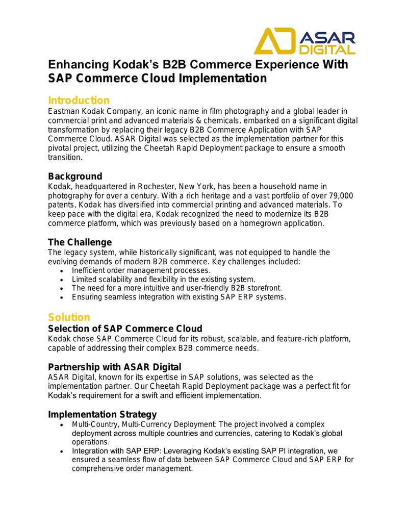 Kodak B2B Commerce Transformation with SAP preview page 1