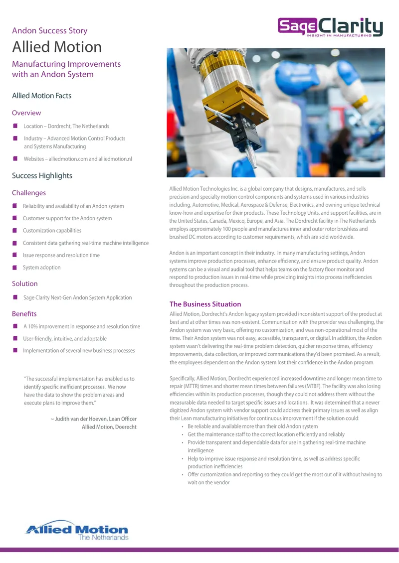Allied Motion Andon System Implementation Case Study