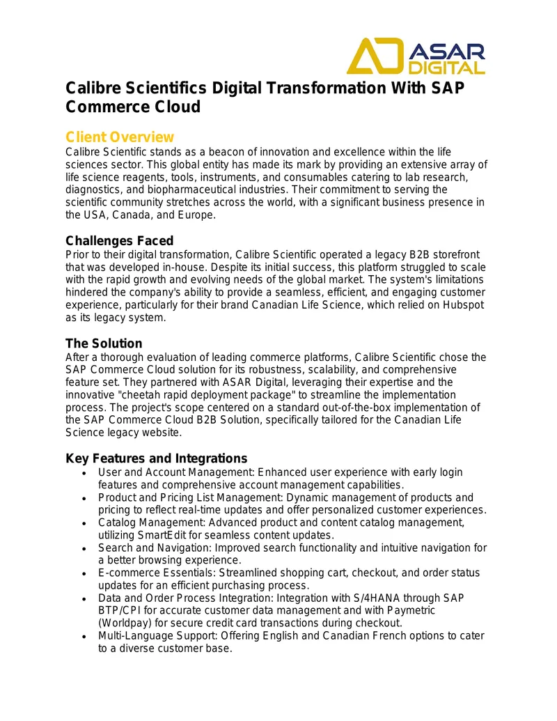 Calibre Scientific Digital Transformation with SAP Commerce Cloud preview page 1