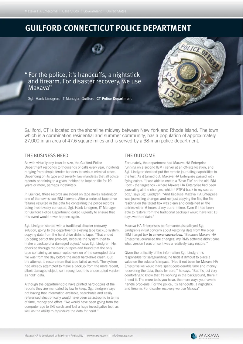 Maxava HA Enterprise Case Study for Guilford Police Department