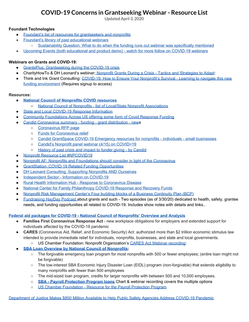 COVID-19 Grantseeking Resources and Webinars