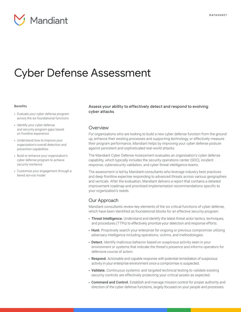Mandiant Cyber Defense Assessment Data Sheet