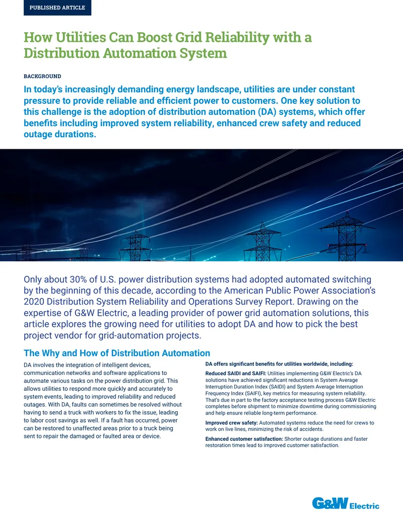 Distribution Automation for Enhanced Grid Reliability