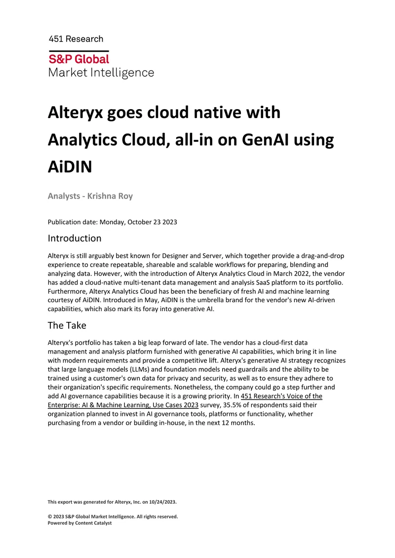 Alteryx Analytics Cloud and Generative AI Integration