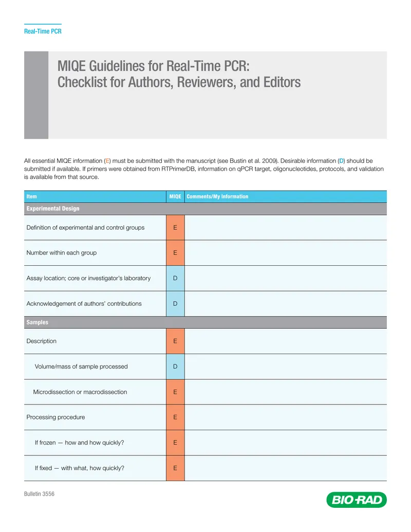 MIQE Guidelines for Real-Time PCR Checklist