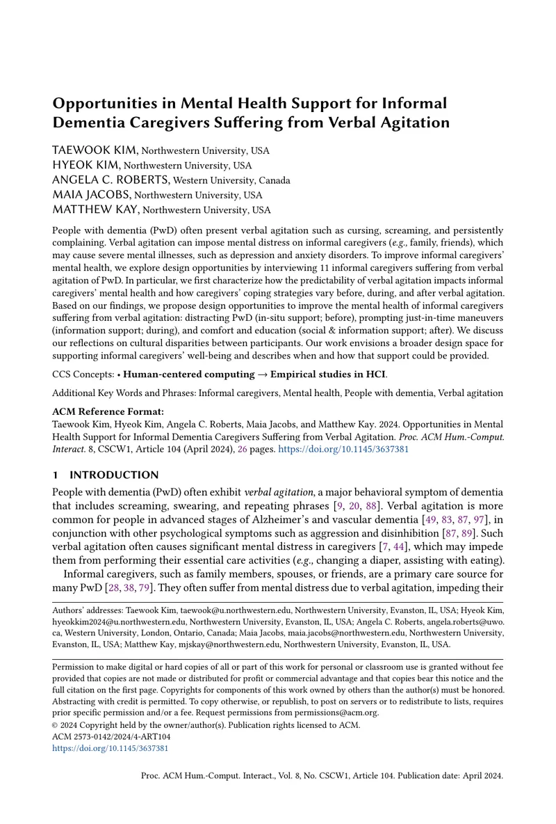 Opportunities in Mental Health Support for Informal Dementia Caregivers