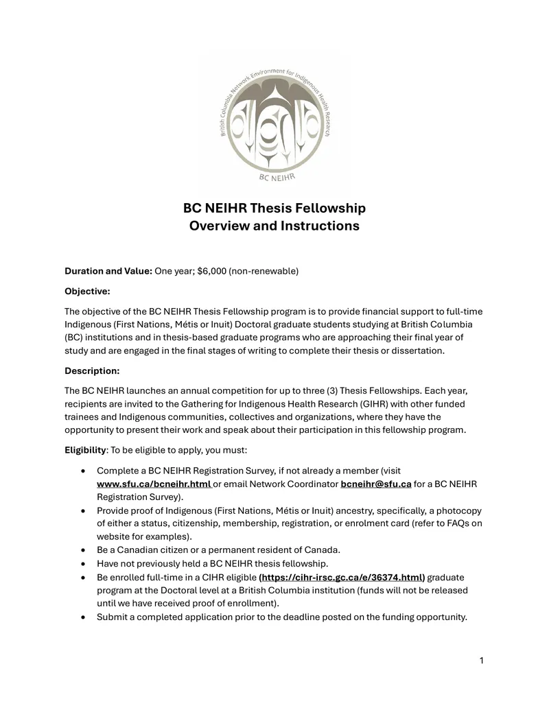 BC NEIHR Thesis Fellowship Application Guidelines