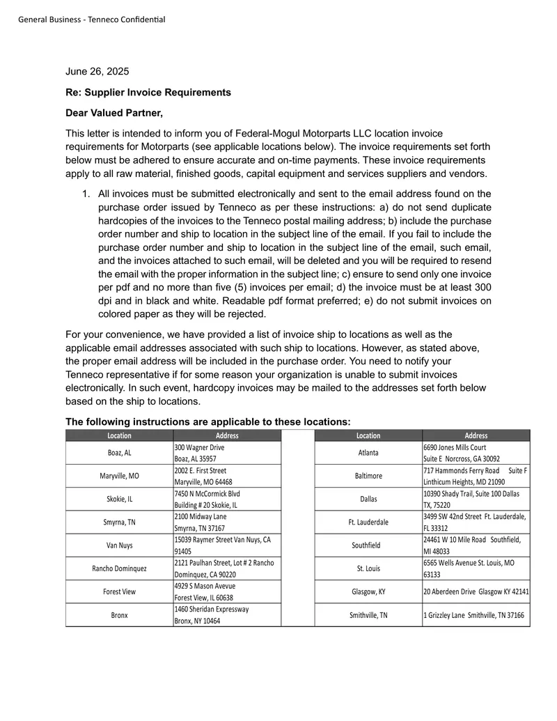 Supplier Invoice Requirements for Federal-Mogul Motorparts