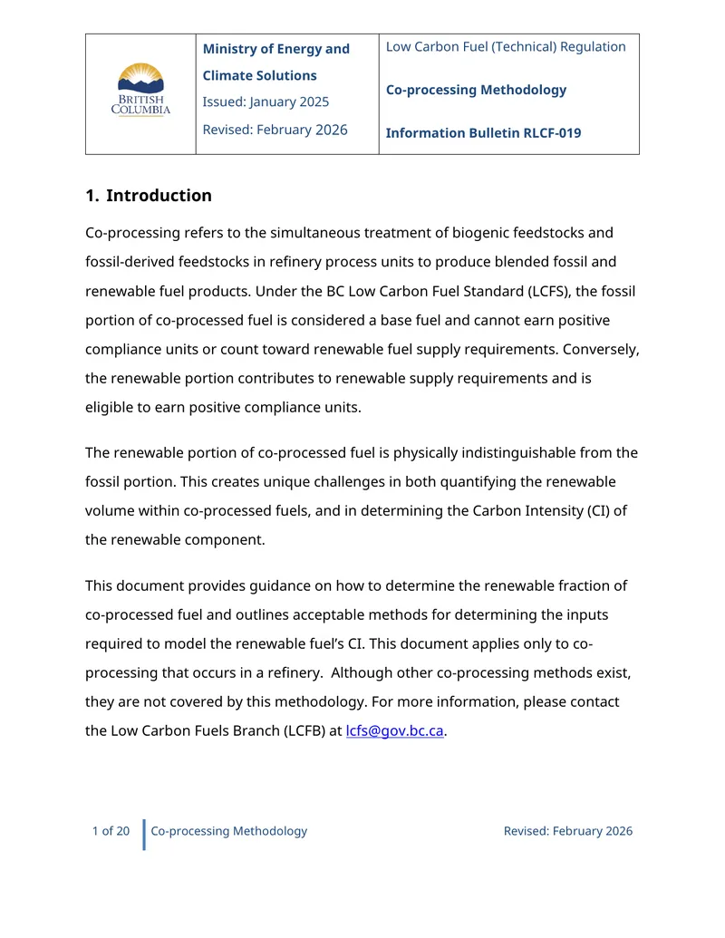 Low Carbon Fuel Co-processing Methodology Information Bulletin preview page 1