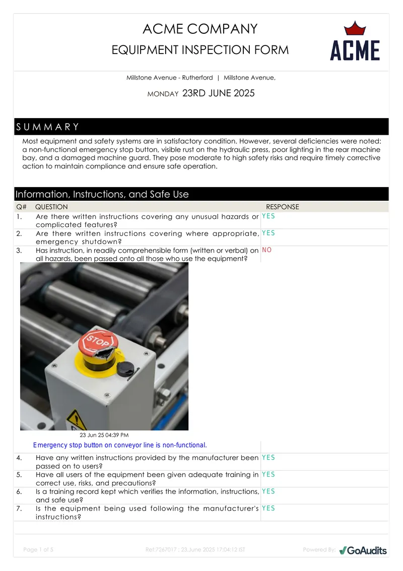 Equipment Inspection Form for ACME Company