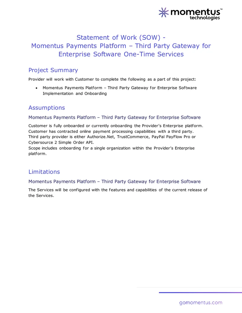 Momentus Payments Platform Implementation Statement of Work