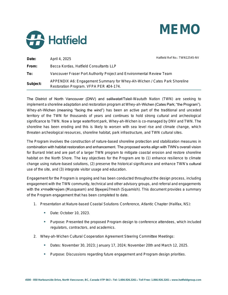 Engagement Summary for Whey-Ah-Wichen Shoreline Restoration Program