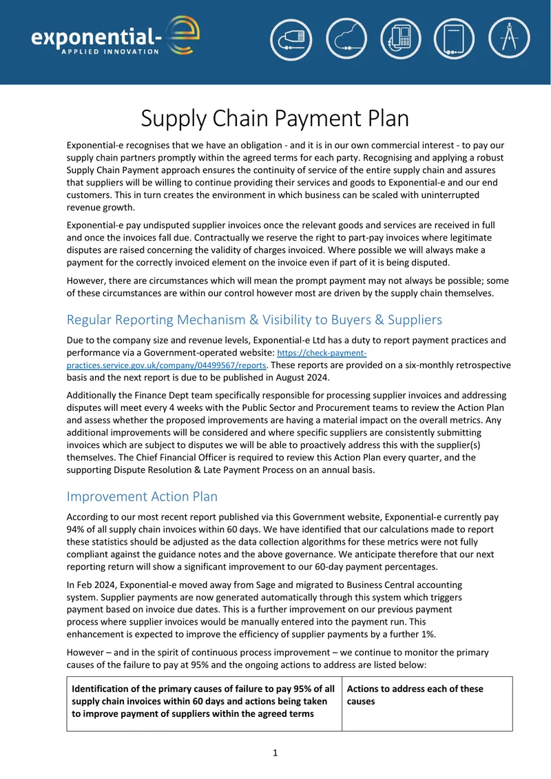 Supply Chain Payment Plan and Improvement Actions