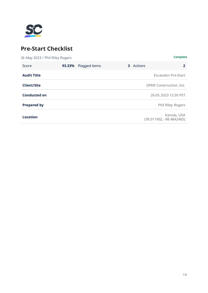 Excavator Pre-Start Checklist Report