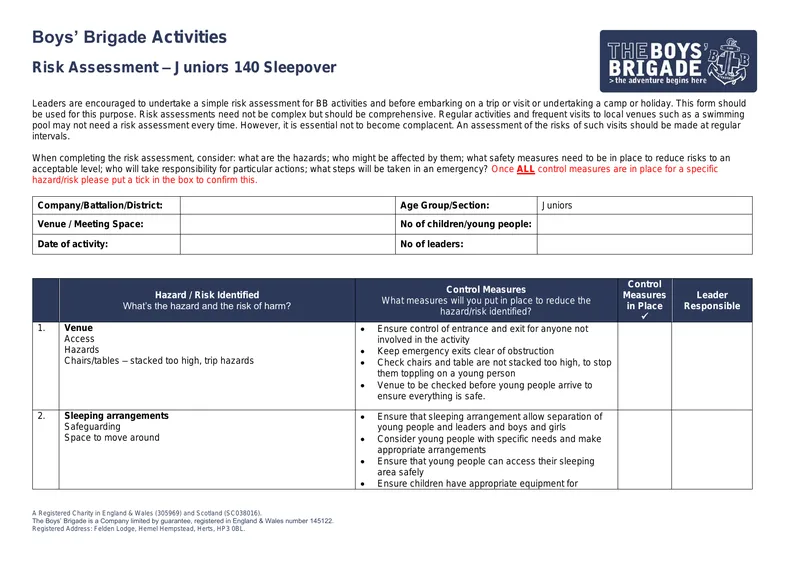 Risk Assessment Guidelines for Juniors Sleepover