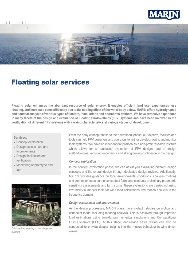 Floating Solar Services and Hydrodynamic Analysis