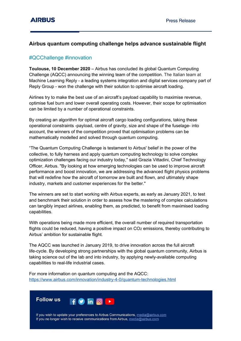 Airbus Quantum Computing Challenge Outcomes