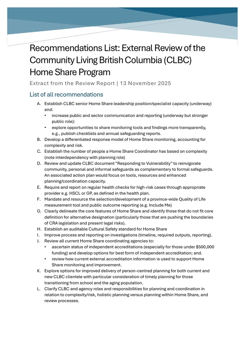 Recommendations for Community Living British Columbia Home Share Program