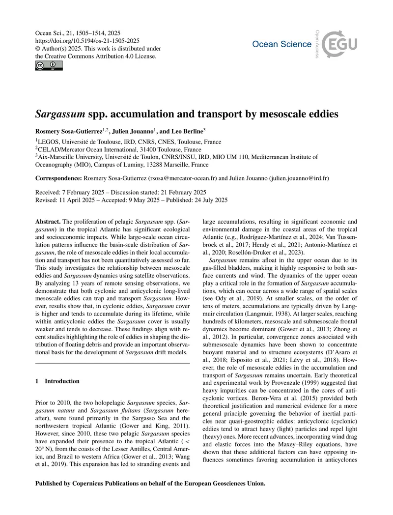 Sargassum spp. Accumulation and Transport by Mesoscale Eddies