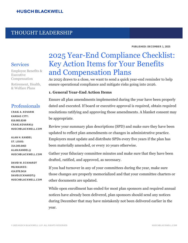 2025 Year-End Compliance Checklist for Benefits Plans