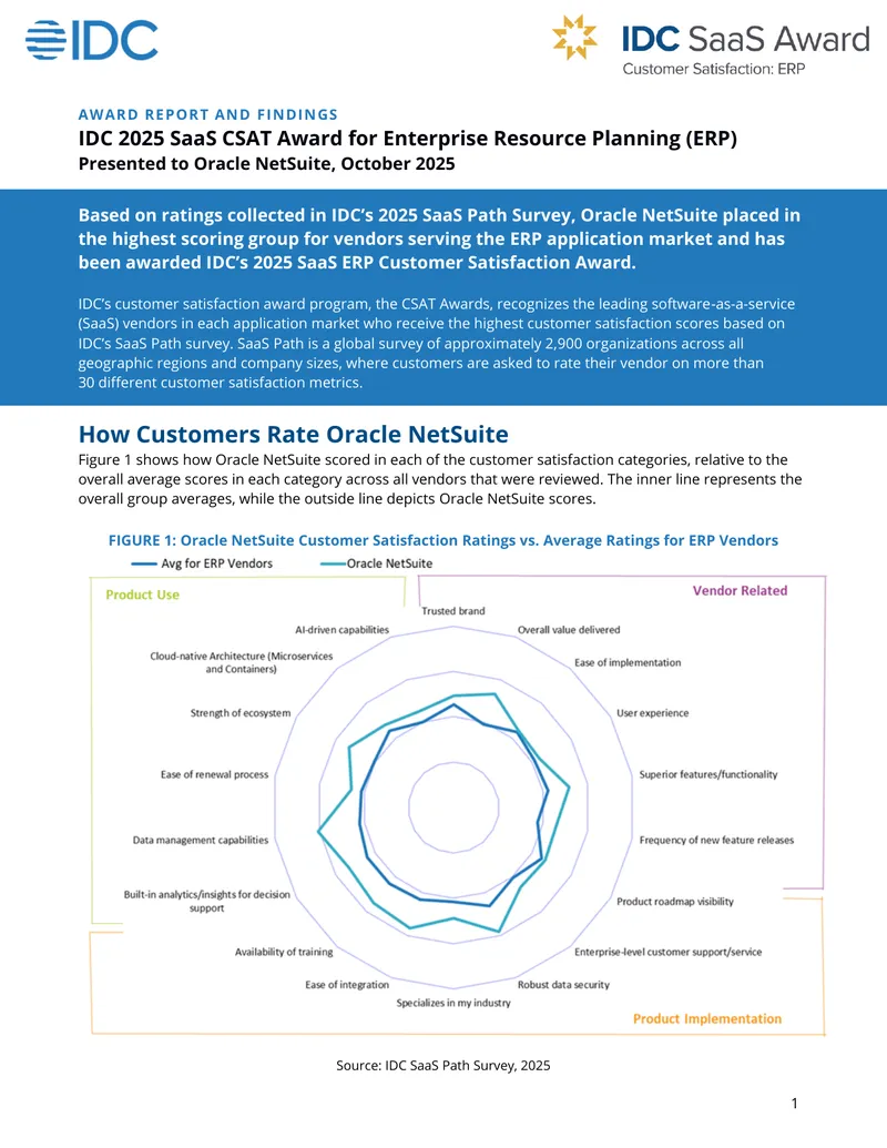 IDC 2025 SaaS CSAT Award for ERP Findings