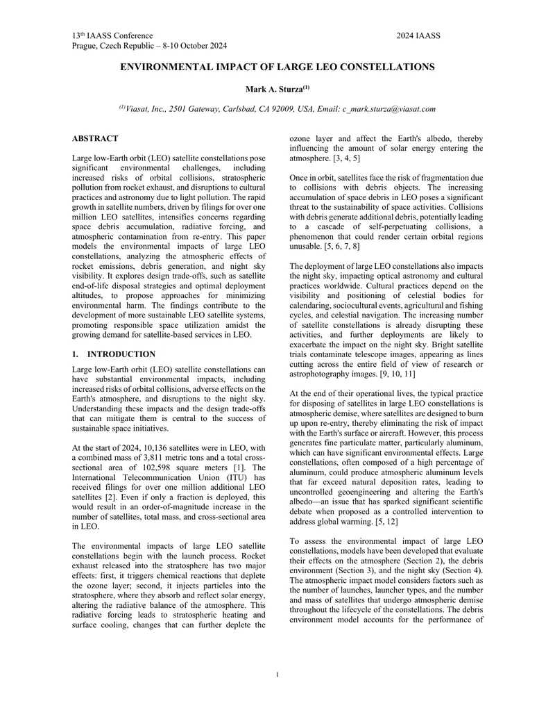 Environmental Impact of Large LEO Satellite Constellations