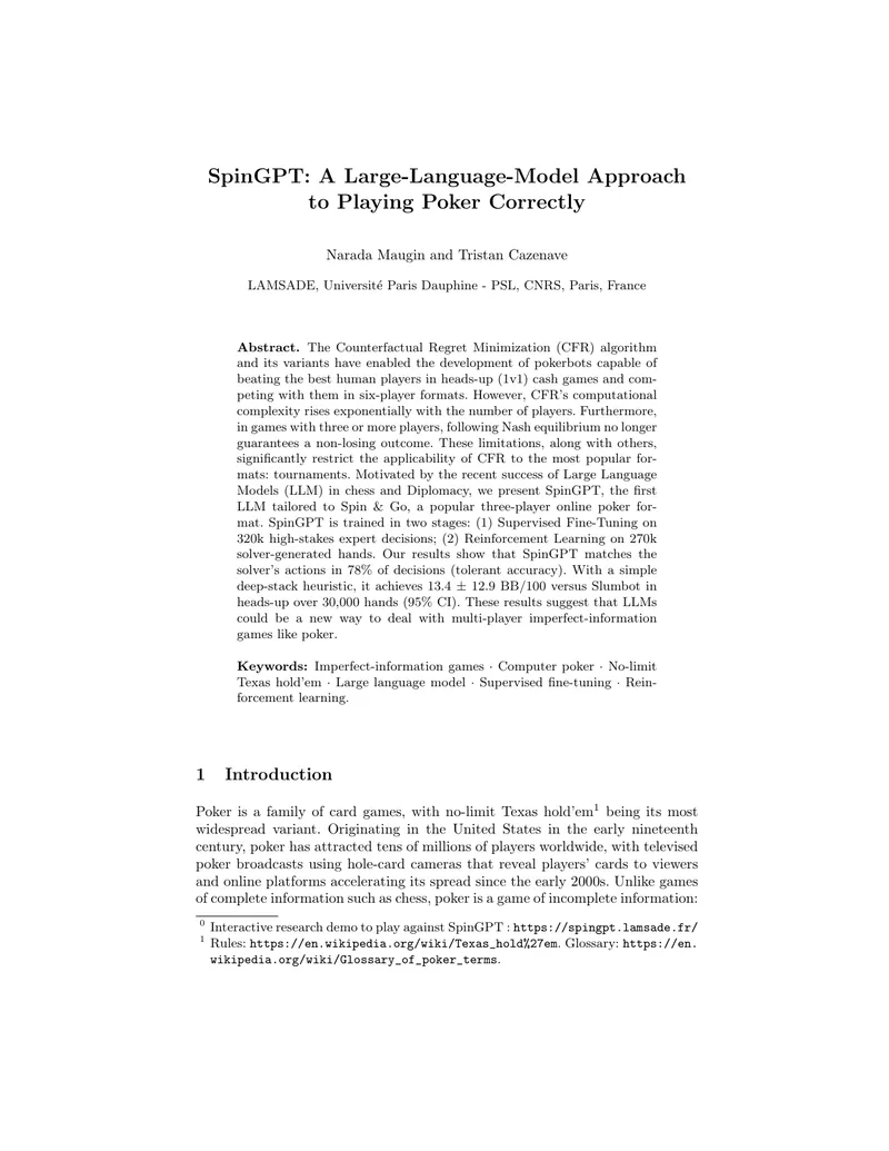 SpinGPT: Large-Language-Model Approach to Poker