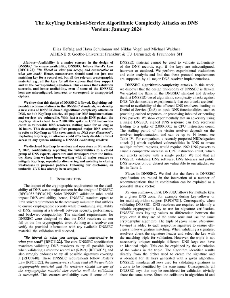 KeyTrap Denial-of-Service Attacks on DNSSEC