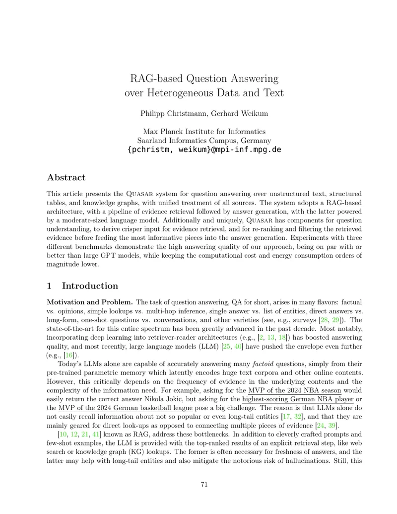 Quasar System for RAG-based Question Answering