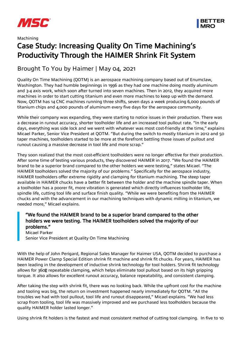 Increasing Productivity Through HAIMER Shrink Fit System
