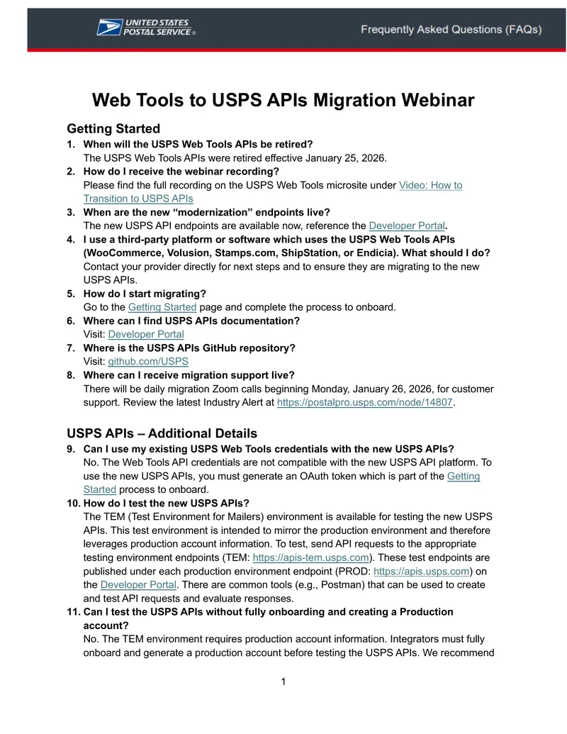 USPS APIs Migration Webinar Guide