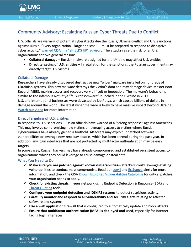 Community Advisory on Russian Cyber Threats