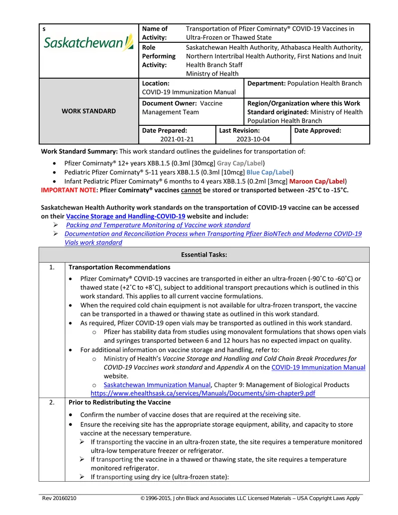 Transportation Guidelines for Pfizer Comirnaty COVID-19 Vaccines
