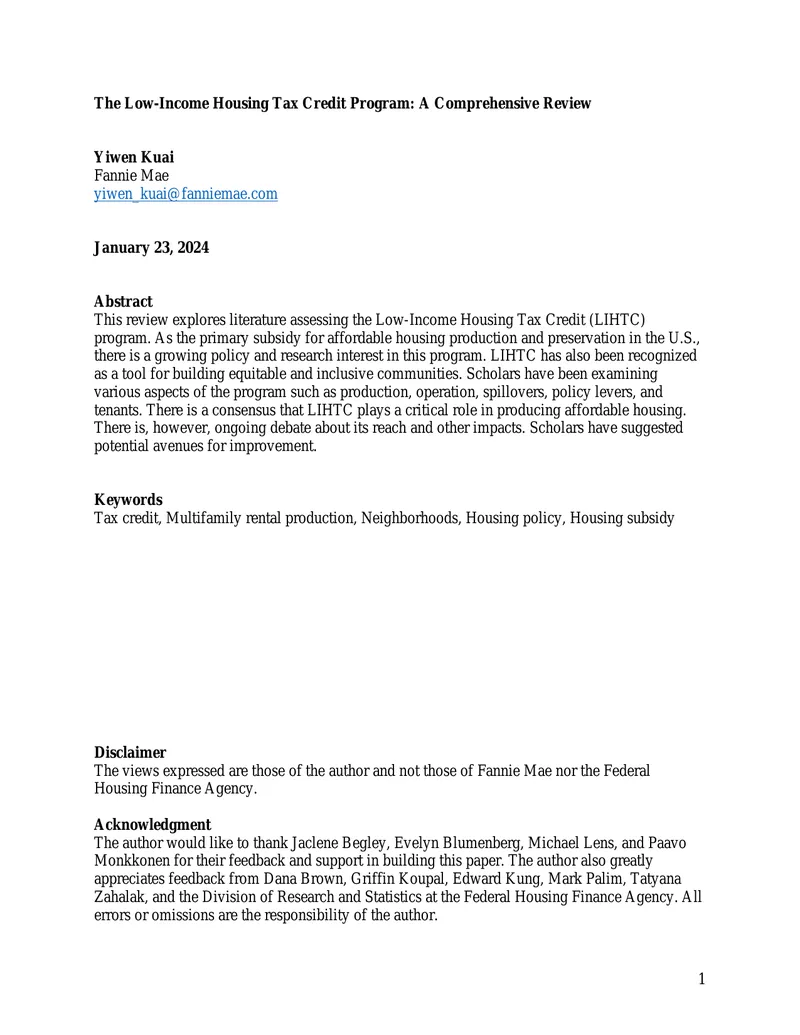 Low-Income Housing Tax Credit Program Assessment