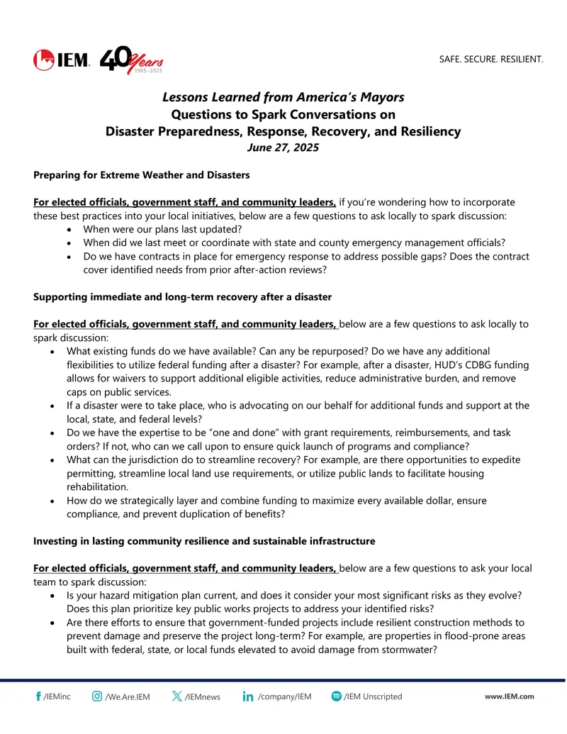 Questions for Disaster Preparedness and Recovery