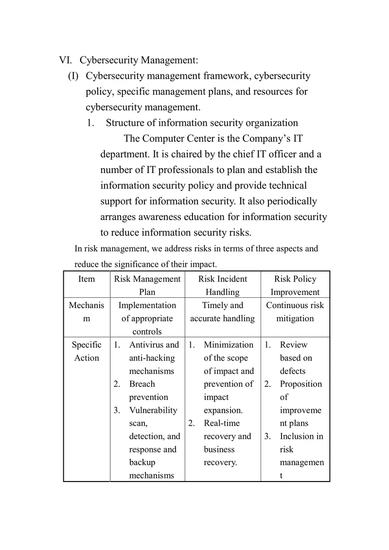 Cybersecurity Management Framework and Policies