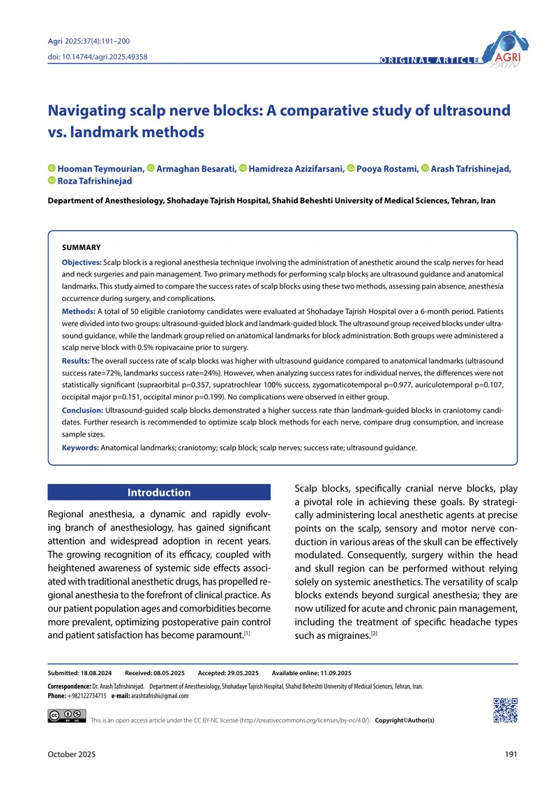 Comparative Study of Ultrasound and Landmark Methods for Scalp Nerve Blocks