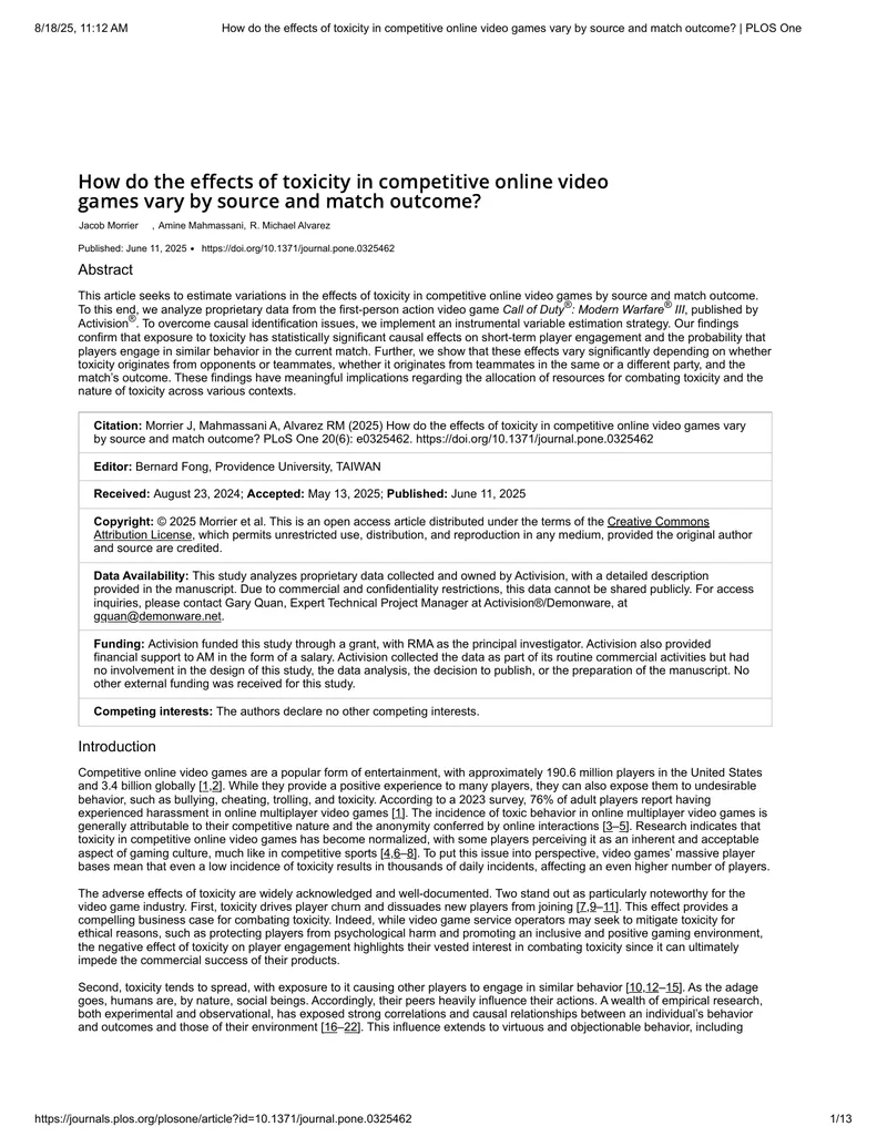 Effects of Toxicity in Competitive Online Video Games