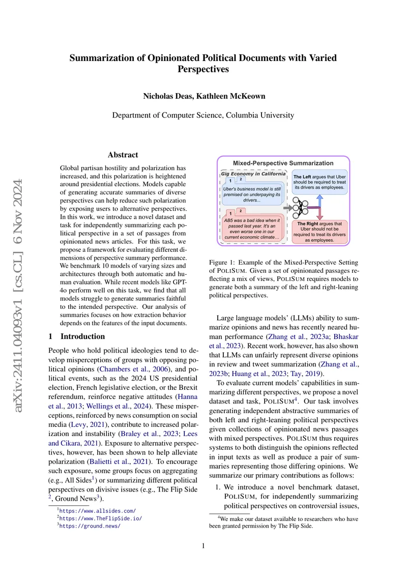 Summarization of Political Documents with Varied Perspectives